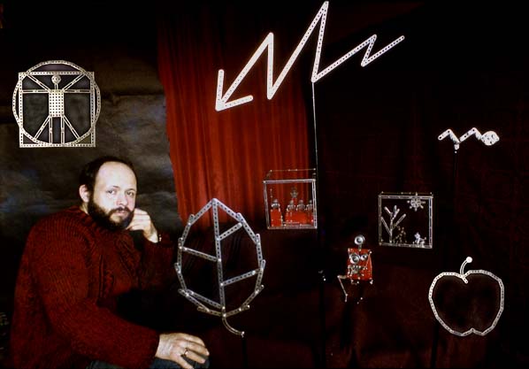 Valeriy Gerlovin with his works from errector set, Moscow 1974